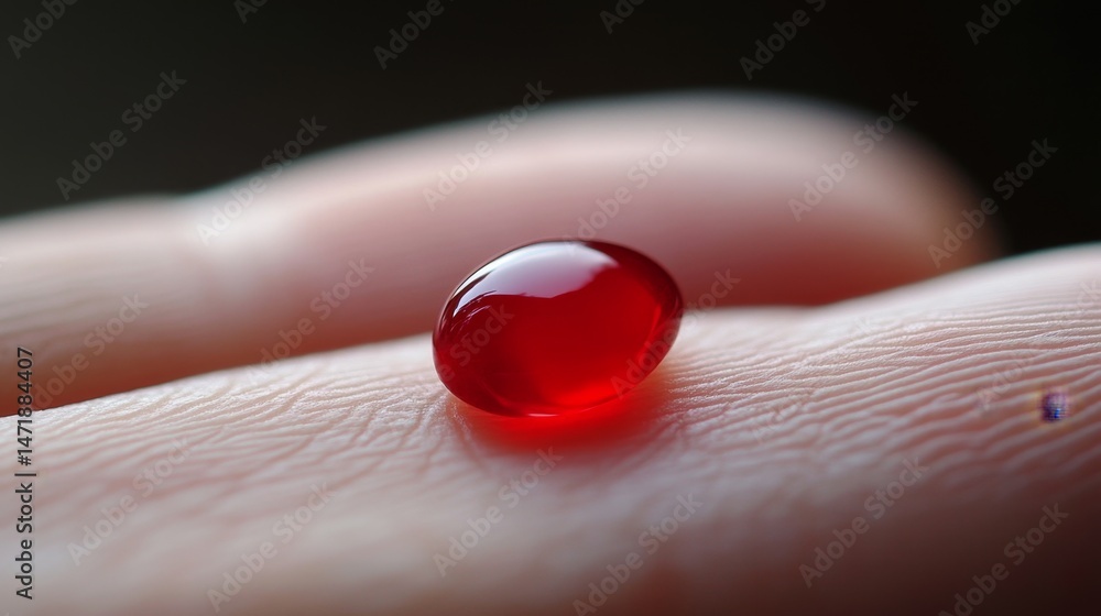 Poster single ruby red drop symbolizing life with gentle hand touch