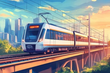 Obraz premium Modern electric train crosses bridge in urban landscape