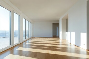 Obraz premium Bright Empty Room with Wooden Floor and Big Windows