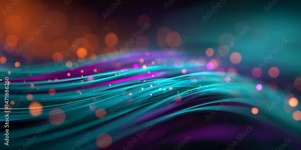 Poster Abstract teal, purple, and pink glowing lines curve across a dark background, interspersed with bokeh lights, creating a dynamic and energetic visual effect, ideal for modern designs