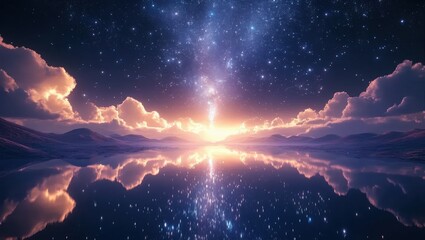 Naklejka premium Starry Night Sky Reflection Landscape