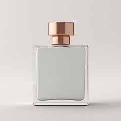 Modern, square perfume bottle, clean design with rose gold cap