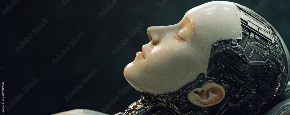 Poster a humanoid robot with a lifelike face and exposed mechanical components is lying down with eyes clos
