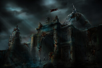 Destroyed palace places in war, hand drawn concept illustration