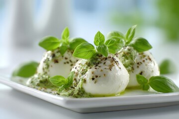 Fresh burrata cheese drizzled with pesto sauce and garnished with basil leaves, a culinary delight on a white square plate, presented against a soft-focus background.