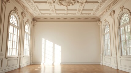 Obraz premium Sunlit Elegant Room with High Ceilings and Large Windows