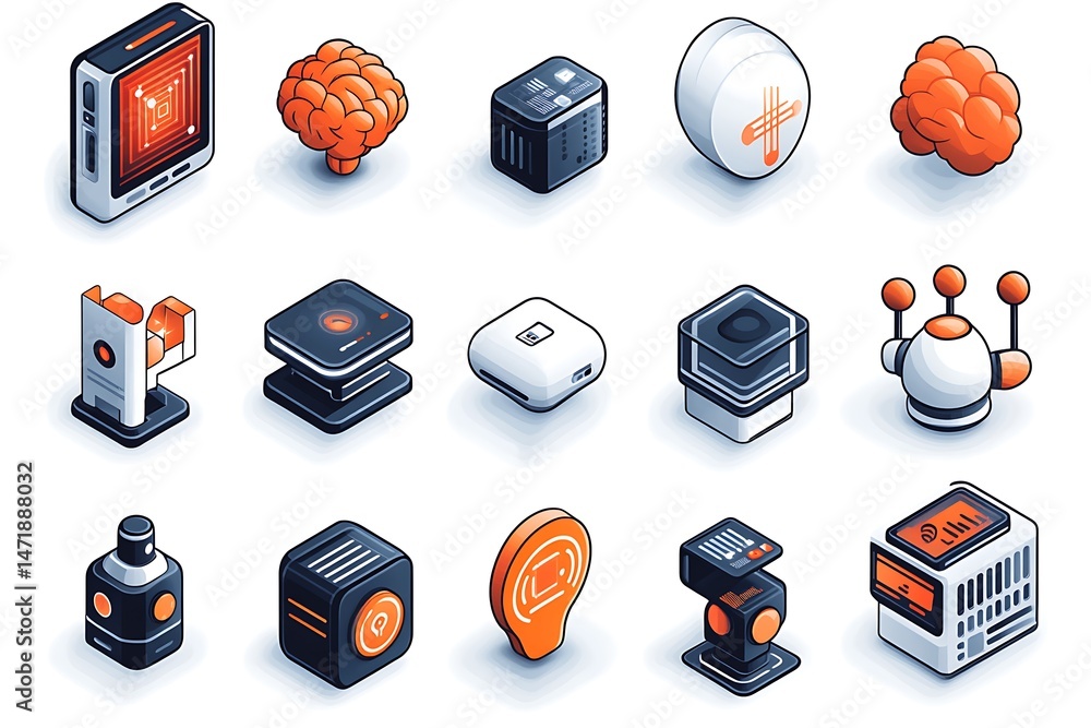 Poster vector collection of ai symbols, robotics, and tech in flat design.