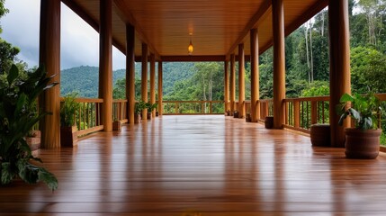 Fototapeta premium Serene Wooden Deck Overlooking Lush Rainforest Landscape