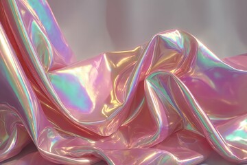 Abstract iridescent fabric background with wavy folds, catching the light in a rainbow of pastel colors, creating a modern and luxurious texture and surface.