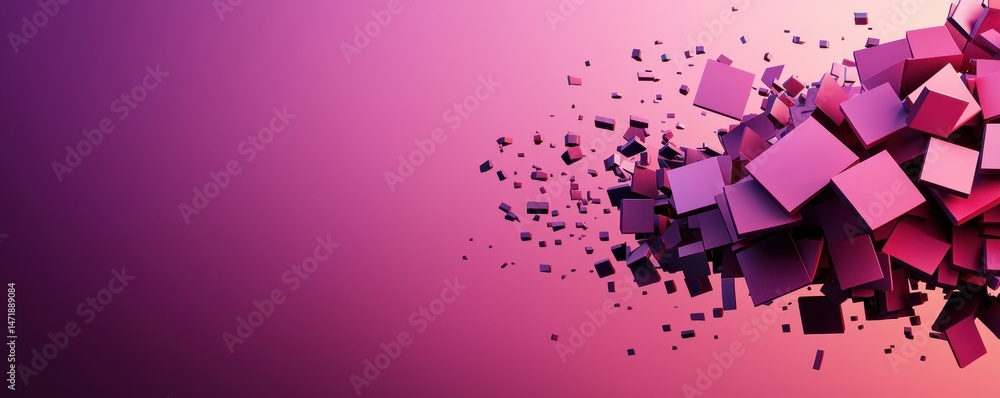 Poster Abstract 3D purple and pink cubes scatter across a gradient background, creating a dynamic and modern visual effect.