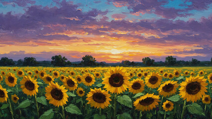 Obraz premium artwork, field with sunflowers under a vibrant sunset sky
