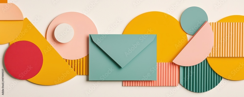 Poster colorful paper shapes and an envelope arranged in an abstract, geometric pattern on a light backgrou