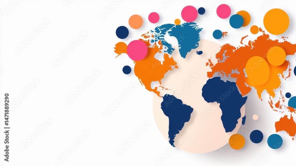 Poster a colorful, abstract world map with overlapping circles on a white background, highlighting continen