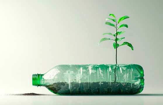 small green plant growing from soil inside a plastic bottle, symbolizing recycling, sustainability, and new life from waste
