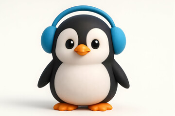 Obraz premium Cute penguin with headphones enjoying music.