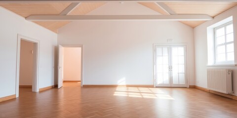 Obraz premium Bright, airy empty room with hardwood floors, high ceilings, and large windows