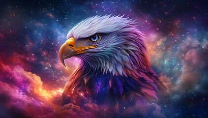Majestic eagle portrait against a vibrant nebula of colorful and cosmic beauty