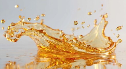 Golden splash of oil or juice with reflection on white background, hyperrealistic