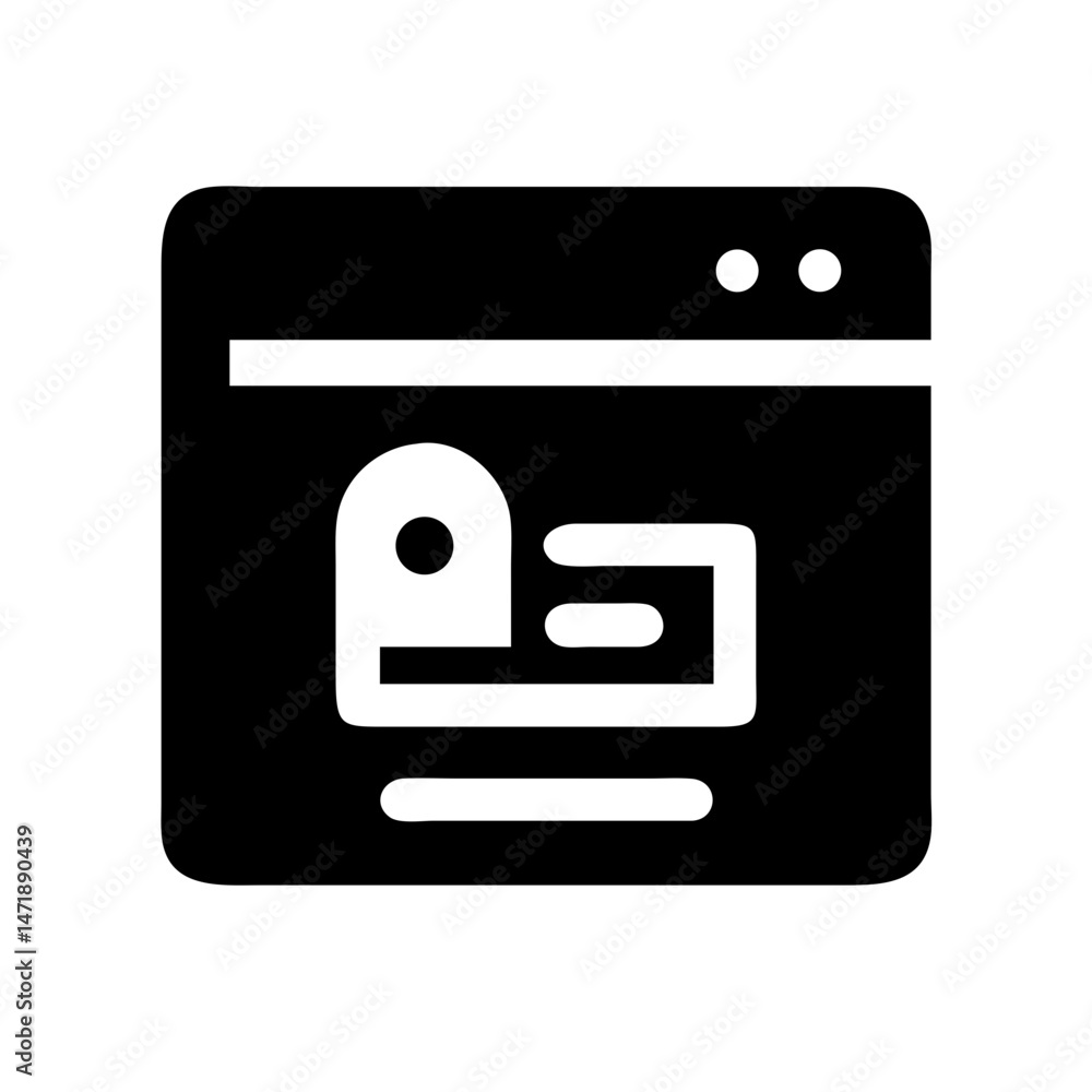Poster solid black icon of a browser window displaying content blocks (circle, rectangle, lines). suitable 