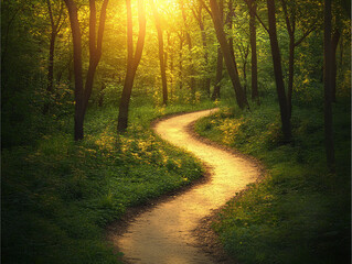 Obraz premium Serene Forest Path Sunset Walk Nature Trail Winding Road Summer Woods