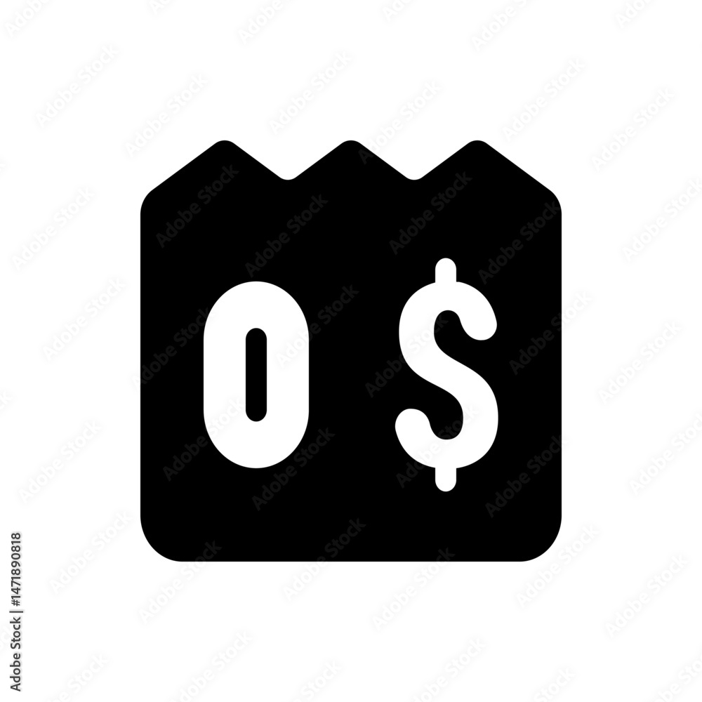Poster black receipt icon with zero dollar amount displayed in white with a jagged top edge design element