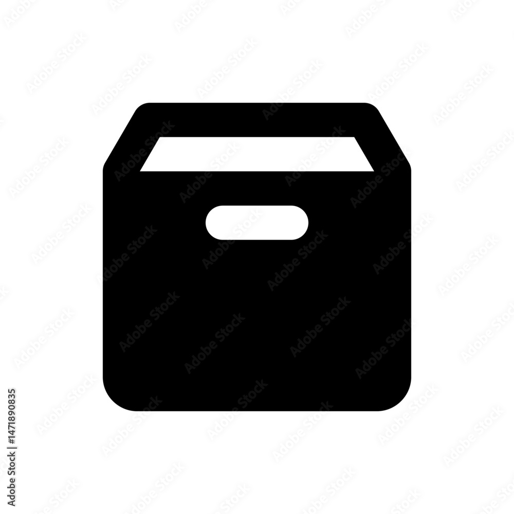 Poster illustration of a black box with a handle and rounded corners representing storage or organization n