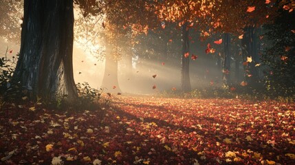 Autumn sunrise, leaves falling, misty forest path. Use autumnal calendar, screensaver