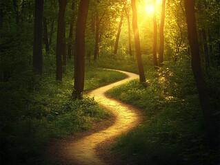 Fototapeta premium Serene Sunset Forest Path Winding Trail Golden Hour Nature Walk Tranquil Scene