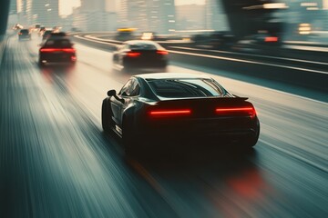 Black car speeding down highway with motion blur