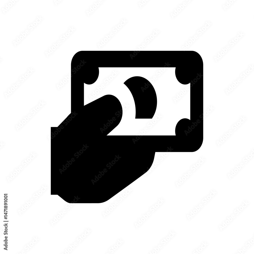 Poster hand holding a rectangular currency note with rounded corners and a circular design in black and whi