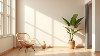 Fototapeta premium Sunlit Room Interior Design with Minimalist Decor and Woven Chair