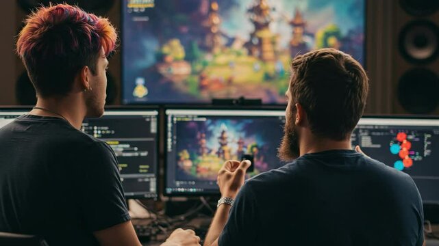Two Young Adult Males Engaged in Collaborative Gaming Session at Home, Focused on Computer Screens with Colorful Graphics in a Brightly Lit Environment