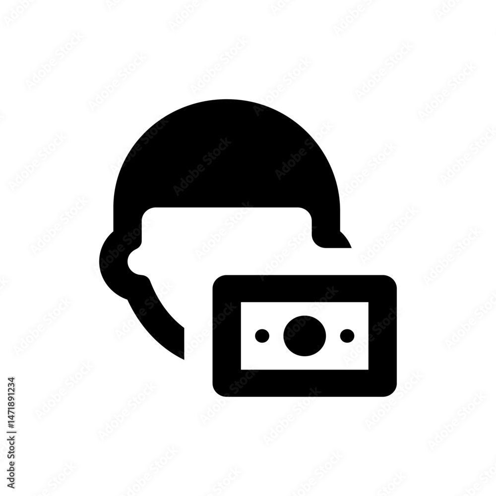 Poster illustration of a person wearing vr headset with a rectangular display showing circles and dots desi