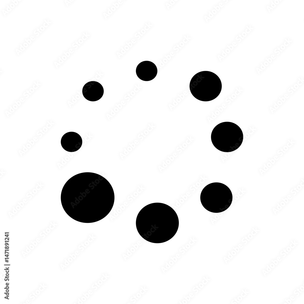 Poster circular arrangement of black dots with varying sizes on a white background forming a loading icon s