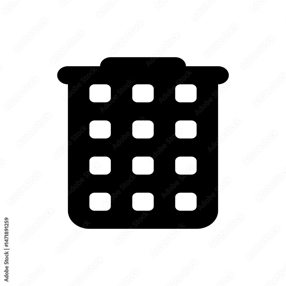 Poster illustration of a black trash bin icon with rounded edges and rectangular grid pattern on its body d
