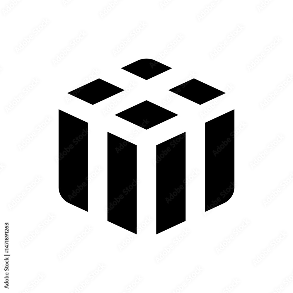 Poster isometric cube with white lines forming a grid pattern on top and vertical lines on the sides in bla