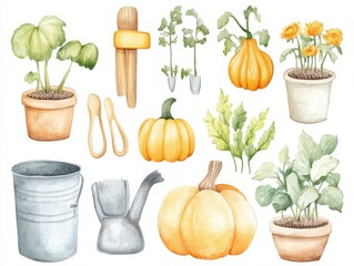 Watercolor Illustration Of Pumpkins Plants And Gardening Tools