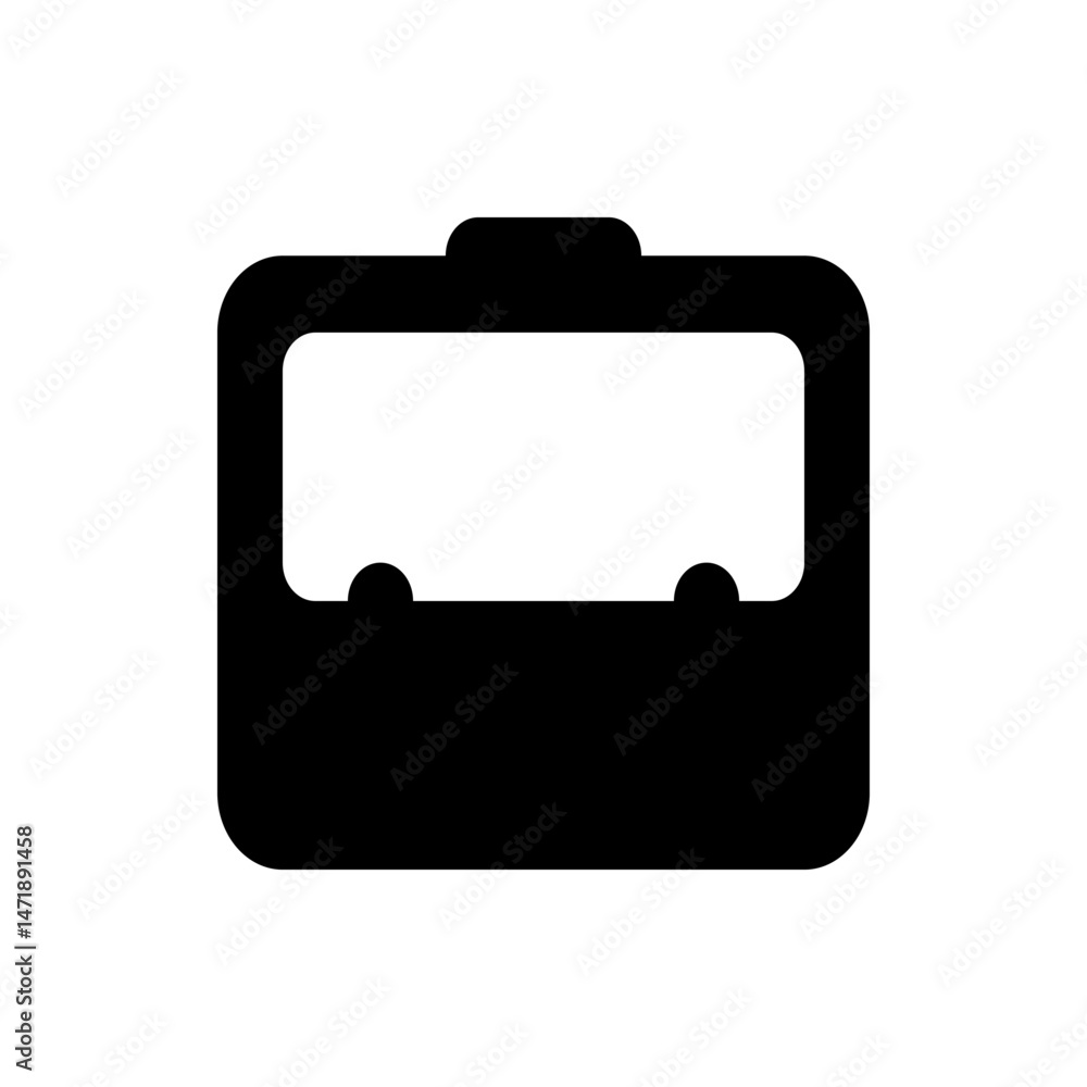 Poster illustration of a black rectangular bag with rounded corners and a handle on a white background