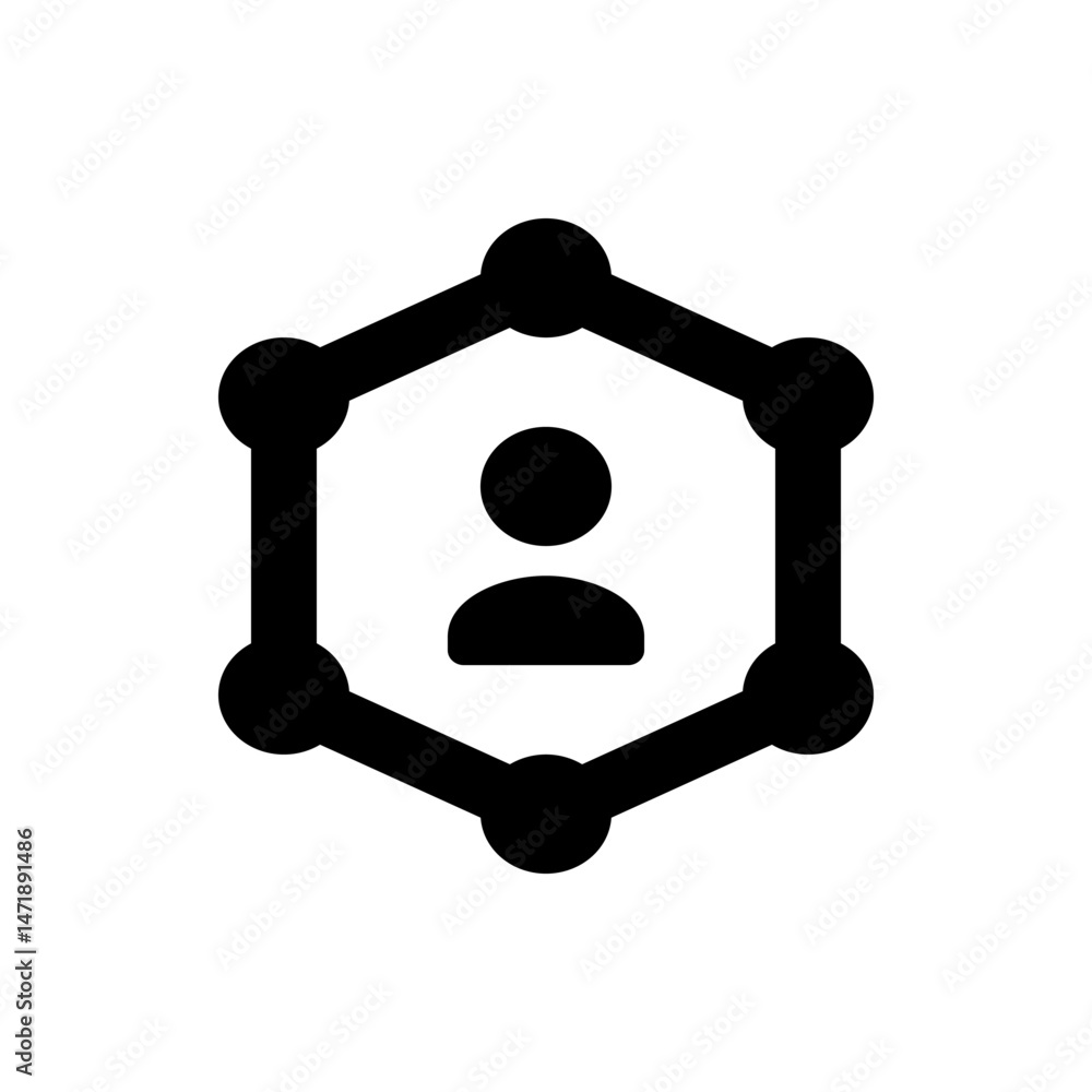 Poster black outline of a person icon inside a hexagon made of lines and dots on each corner in a white bac
