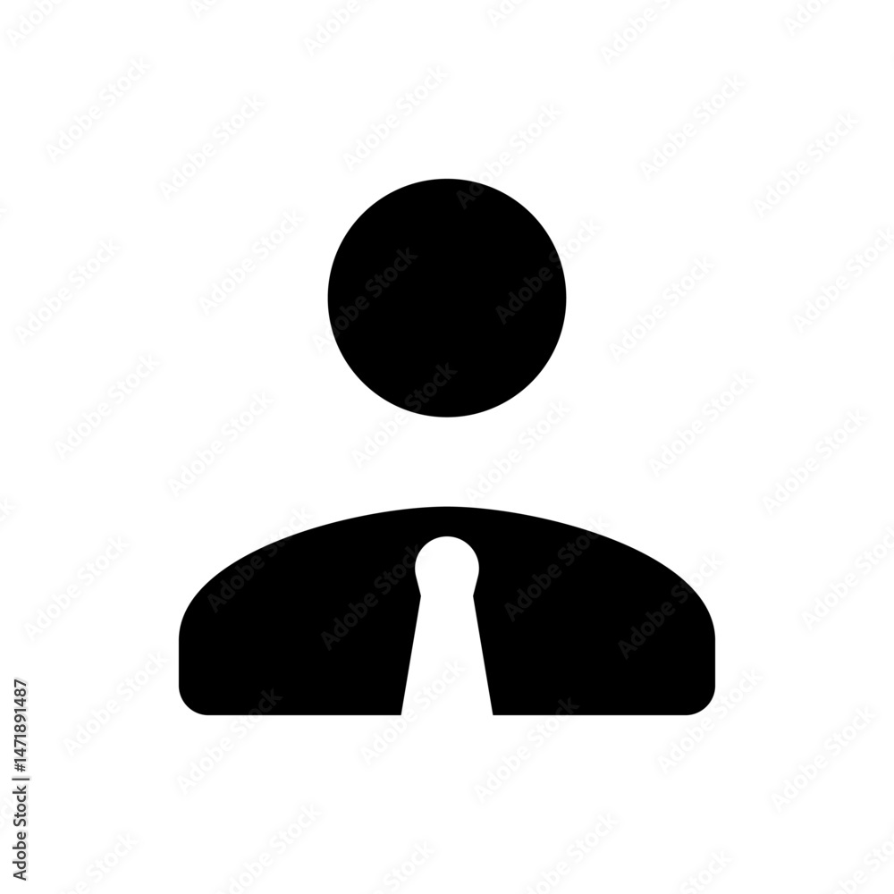 Poster silhouette of a person with a round head and wide shoulders with a tie like shape in the center