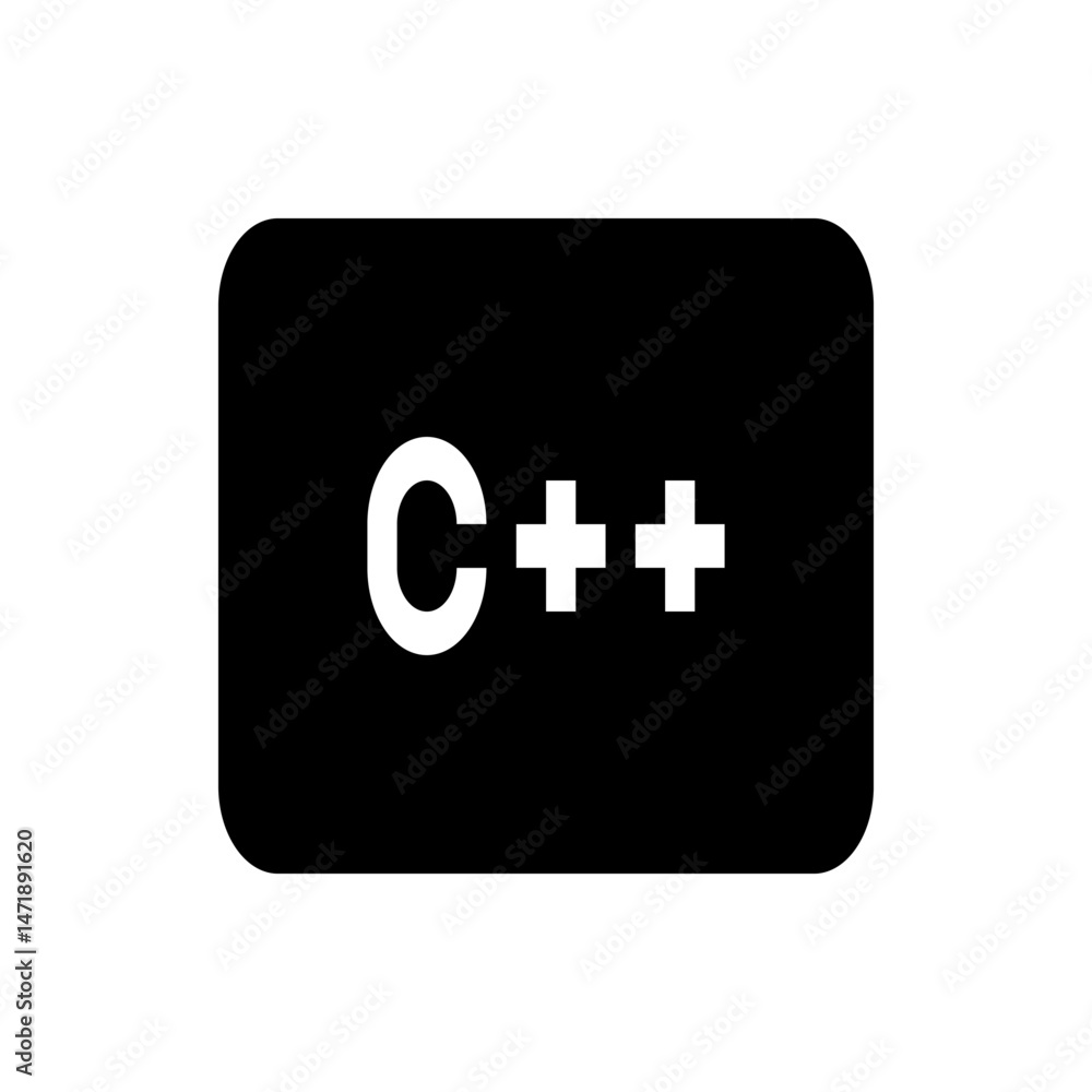 Poster illustration of the c plus plus logo in white on a black rounded rectangle background representing c