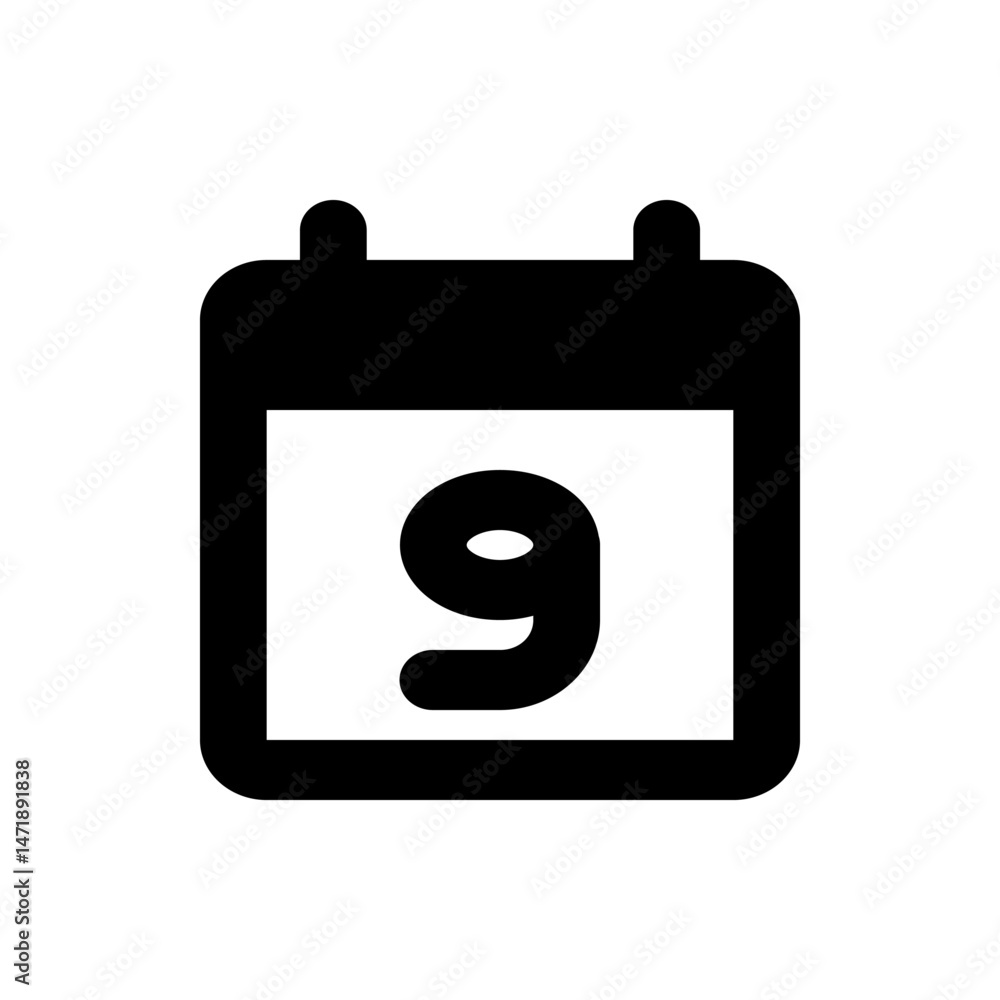 Poster illustration of a black calendar icon with rounded edges displaying the number nine in the center da