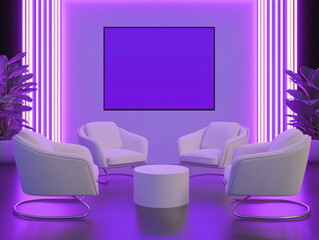 Modern Lounge  Purple Neon Lights  Minimalist Chairs  Empty Screen  Waiting Room  Interior
