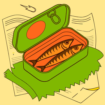 Opened Tin of Surstr&ouml;mming with Visible Fish on a Yellow Background  