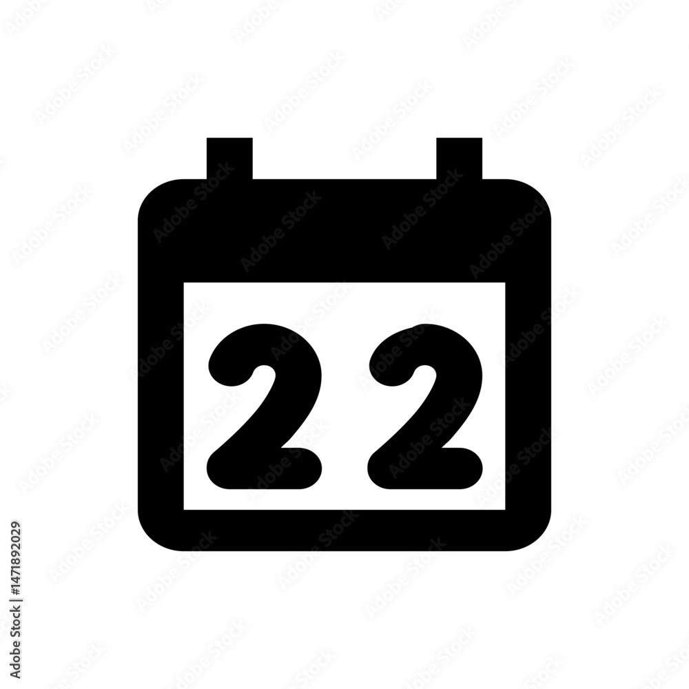 Poster a simple black calendar icon displaying the number twenty two in the center on a white background ic