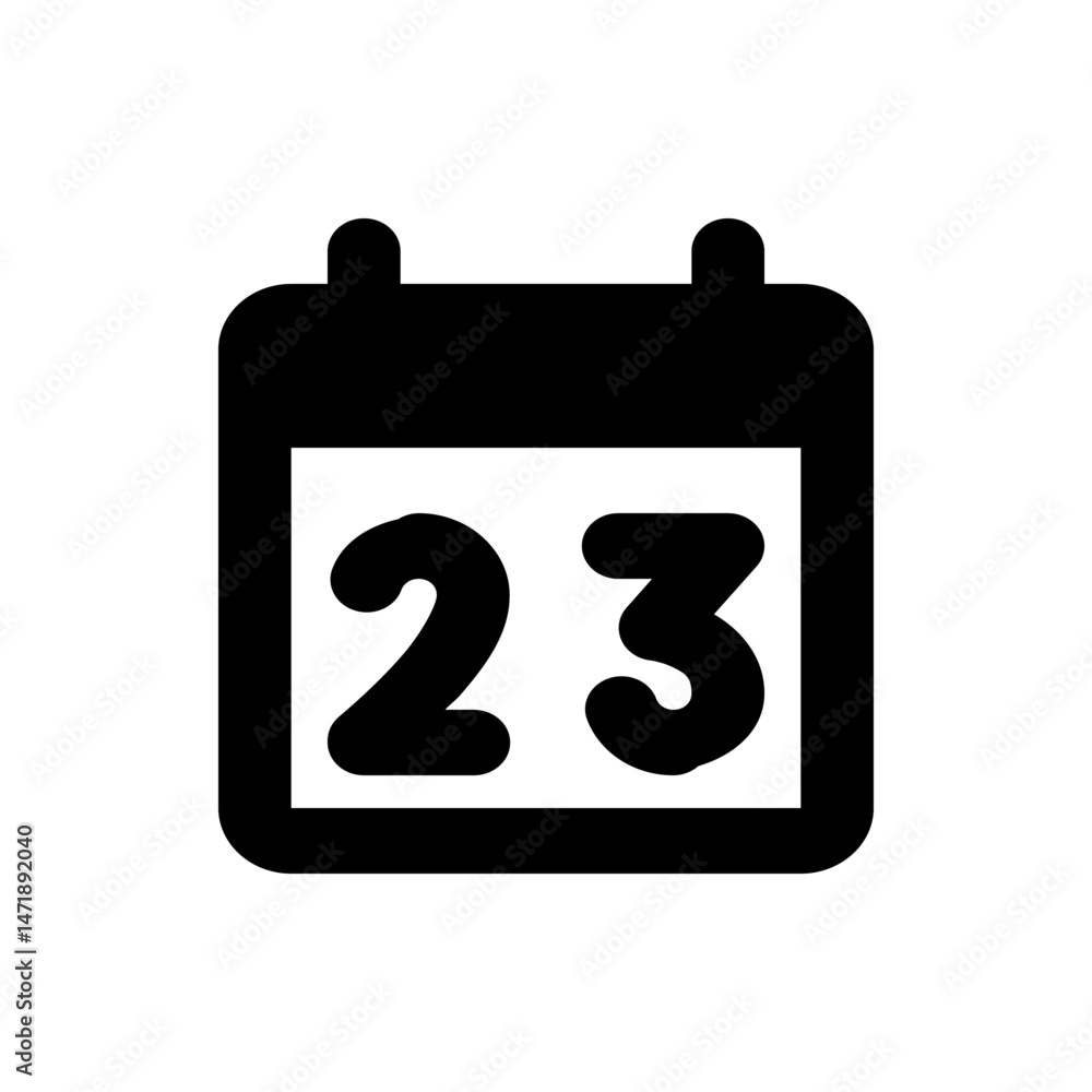 Poster illustration of a black calendar icon displaying the number twenty three in a bold and simple design