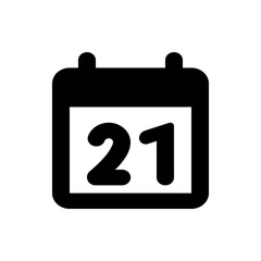 Illustration of a black calendar icon showing the number twenty one in the center of the calendar page