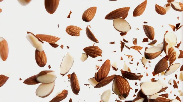 A sliced allmonds, falling, background white, Generative AI Videos.
