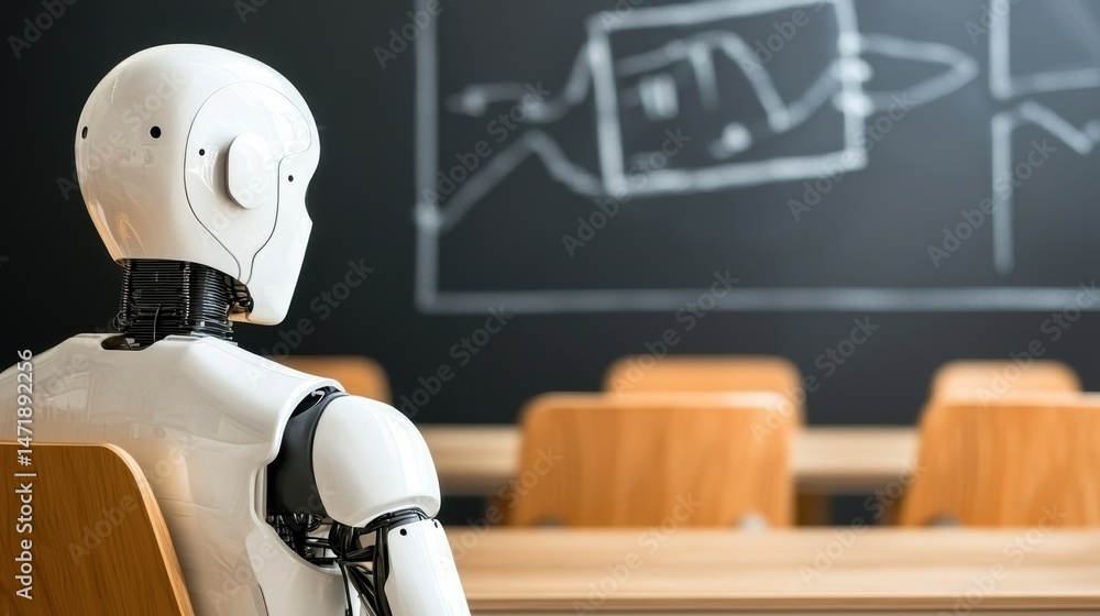 Poster a humanoid robot sits in a classroom, facing a chalkboard with technical drawings.