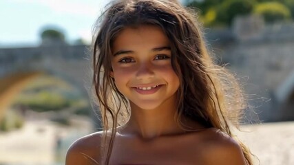 A young woman with long brown hair is standing in front of a bridge. She is wearing a bikini and has a smile on her face